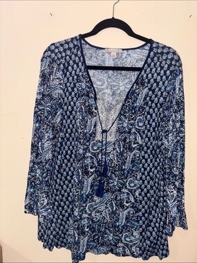 Coldwater Creek Navy & White Paisley V-Neck Tie Tunic